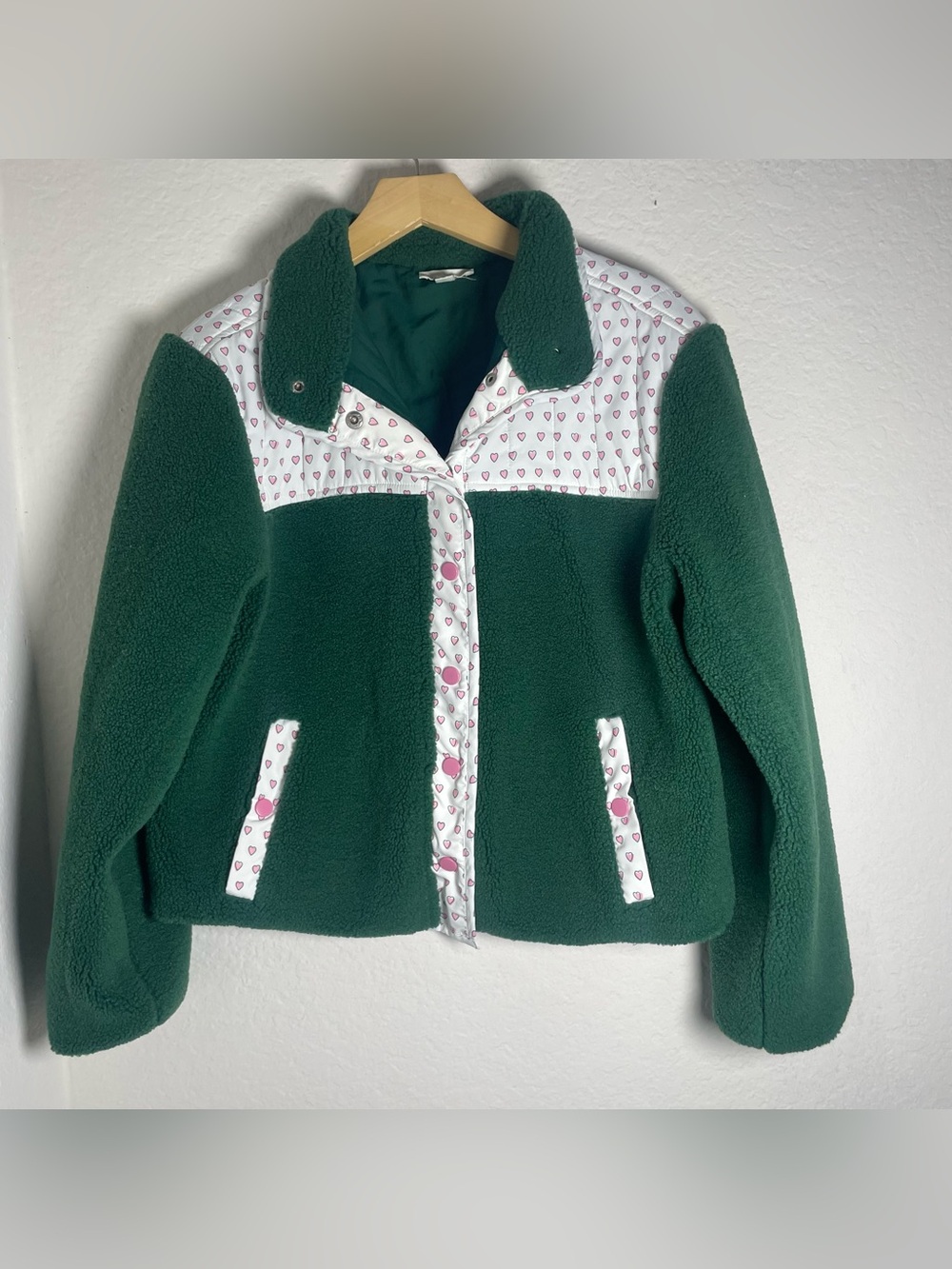 Roller Rabbit Green Sherpa Jacket with Heart-Print Trim